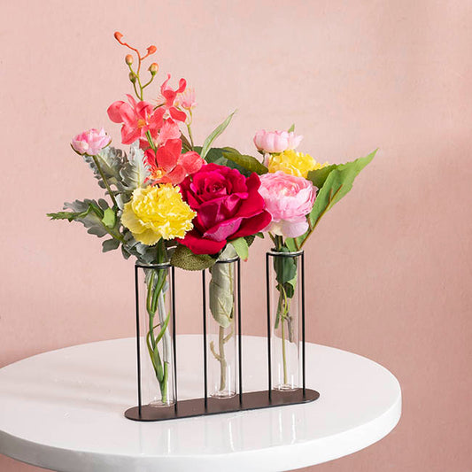 Glass Three Tube Bud Vase Metal Frame Black (23.6x17.5cmH)