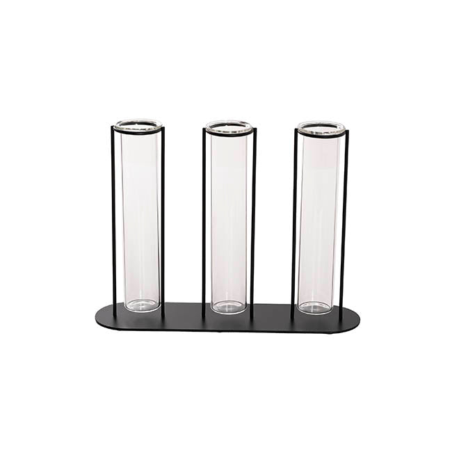Glass Three Tube Bud Vase Metal Frame Black (23.6x17.5cmH)