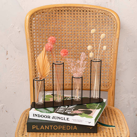 Glass Four Tube Bud Vase Metal Frame Black (30.6x17.5cmH)