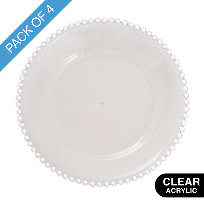 Clear Charger Plate w Beaded Edge Pack 4 White (32cmD)