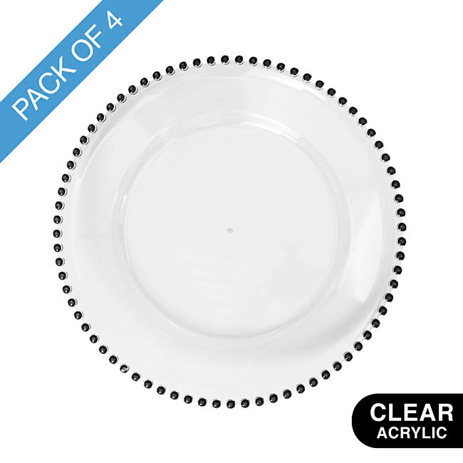 Charger Plate w Black Beaded Edge Pack 4 Clear (32cmD)