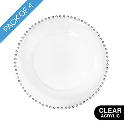 Charger Plate w Silver Beaded Edge Pack 4 Clear (32cmD)