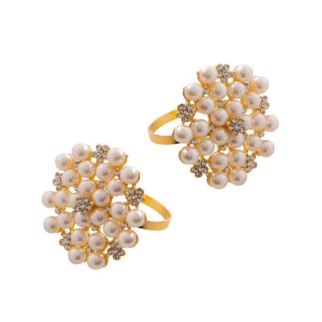 Pearl Flower Napkin Ring Pack 2 Champagne Gold (4cmD)