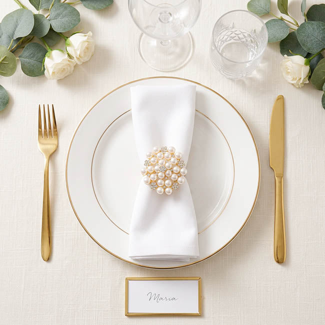 Pearl Flower Napkin Ring Pack 2 Champagne Gold (4cmD)