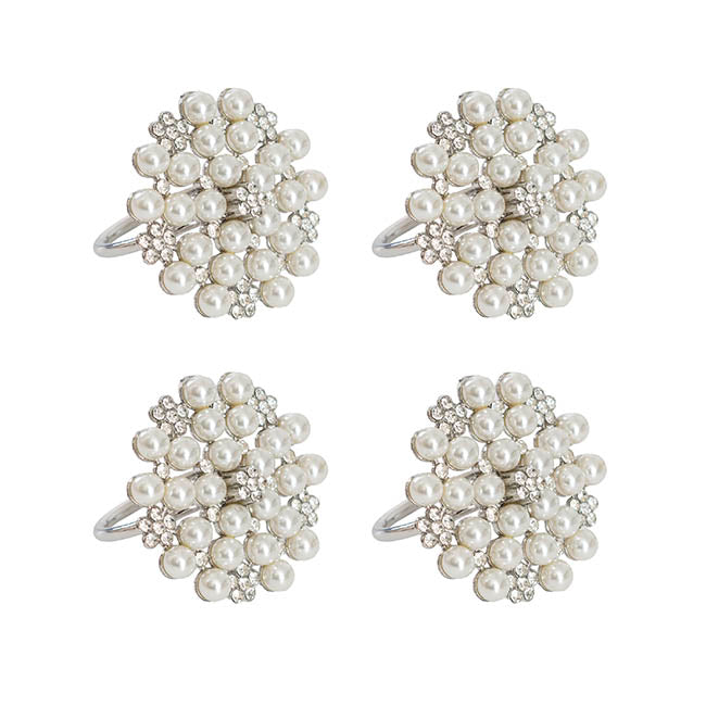 Pearl Flower Napkin Ring Pack 4 Silver (4cmD)