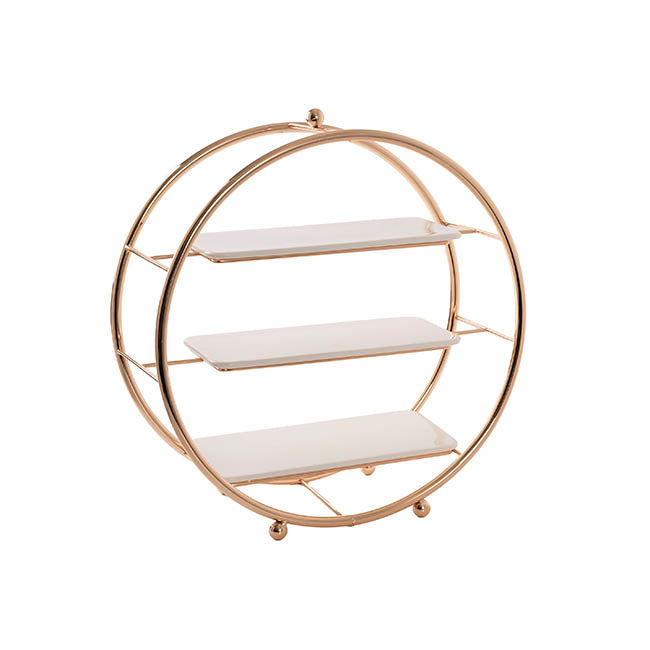 Cake Display Stand 3 Tier w Ceramic Trays Gold (40cmD)