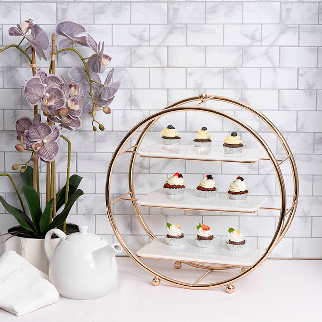 Cake Display Stand 3 Tier w Ceramic Trays Gold (40cmD)