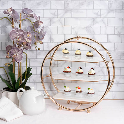 Cake Display Stand 3 Tier w Ceramic Trays Gold (40cmD)