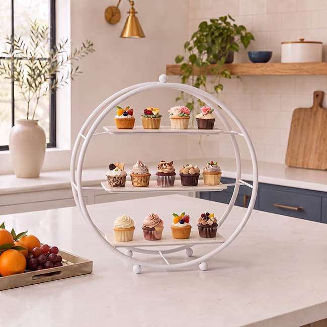 Cake Display Stand 3 Tier w Ceramic Trays White (40cmD)