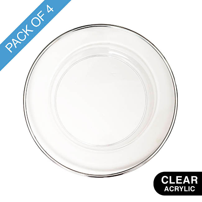 Clear Charger Plate w Silver Edge Pack 4 (33cmD)