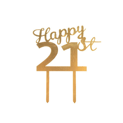 Cake Topper Happy 21st Acrylic Gold (11cmWx15cmH)
