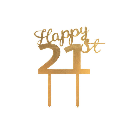 Cake Topper Happy 21st Acrylic Gold (11cmWx15cmH)