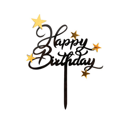 Cake Topper Happy Birthday Stars Acrylic Black (11cmWx13cmH)