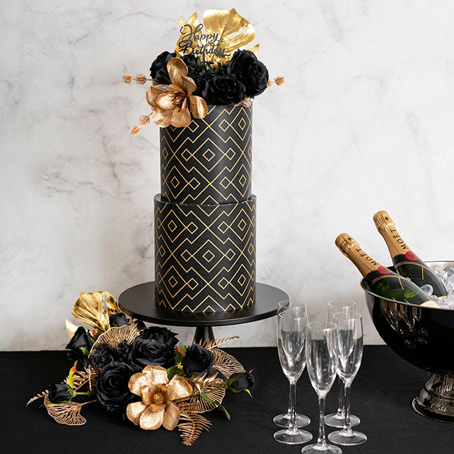 Cake Topper Happy Birthday Stars Acrylic Black (11cmWx13cmH)