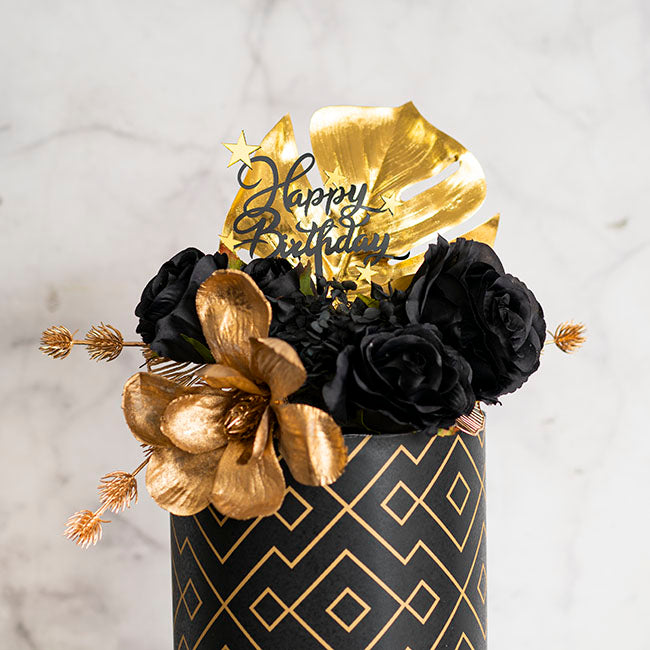 Cake Topper Happy Birthday Stars Acrylic Black (11cmWx13cmH)