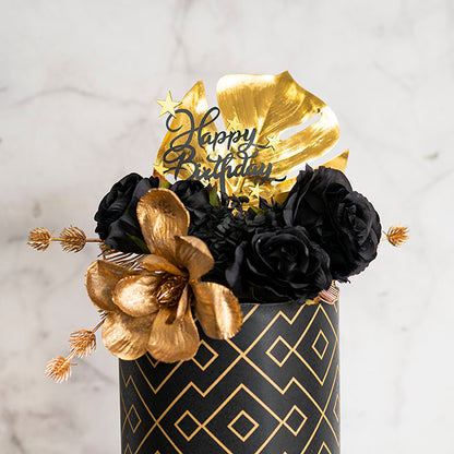 Cake Topper Happy Birthday Stars Acrylic Black (11cmWx13cmH)