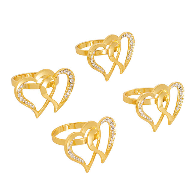 Diamante Heart Napkin Ring Pack 4 Gold (4mD)