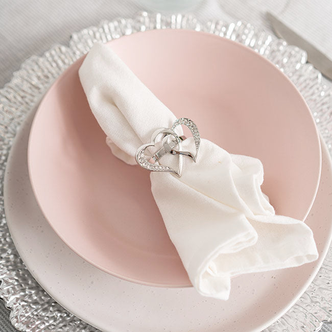 Diamante Heart Napkin Ring Pack 4 Silver (4cmD)