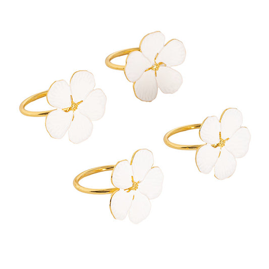 White Floral Napkin Ring Pack 4 Gold (4cmD)