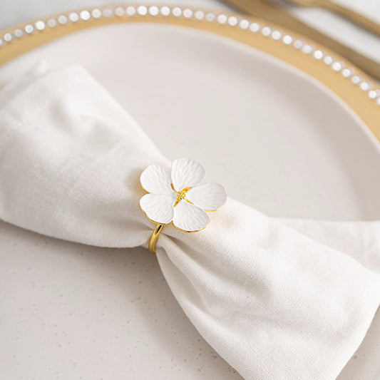 White Floral Napkin Ring Pack 4 Gold (4cmD)
