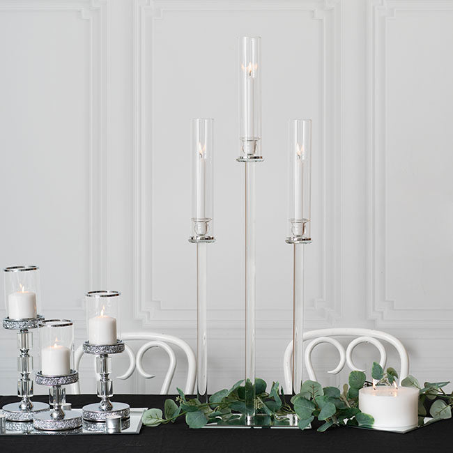 Crystal Glass 3 Head Linear Pillar Candelabra Clear (96cmH)