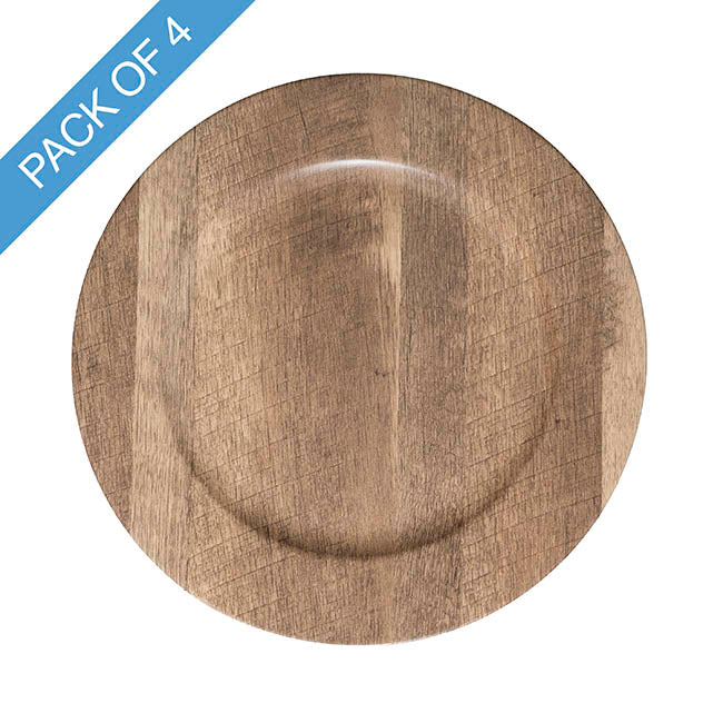 Faux Wood Look Charger Plate Pack 4 Brown (33cmD)