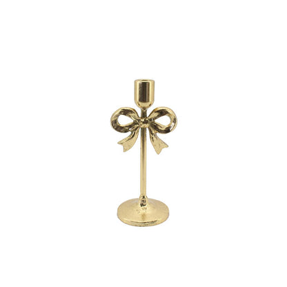 Single Taper Candle Holder Stand w Bow Gold (11x23cmH)