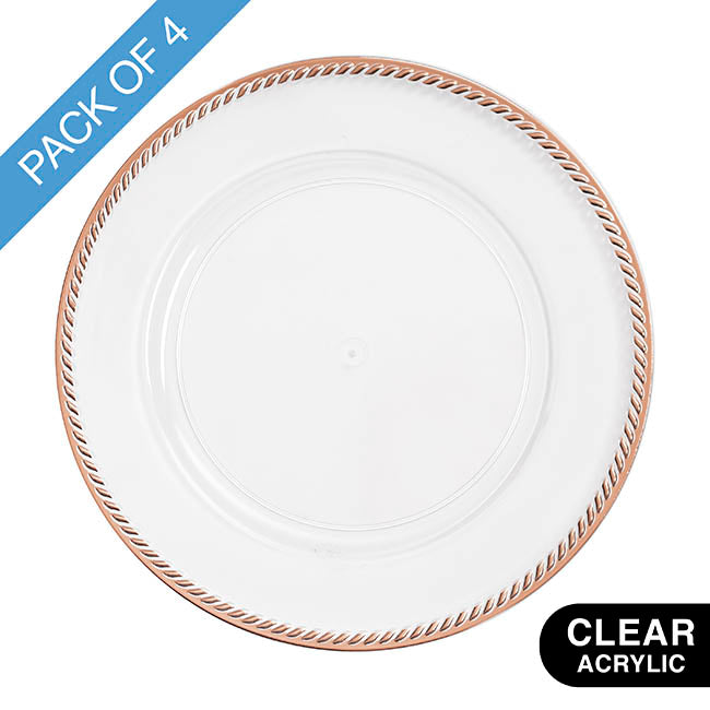 Modern Rose Gold Rim Charger Plate Pack 4 Clear (33cmD)