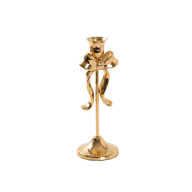 Single Taper Candle Holder w Bow Gold (6.8x19cmH)