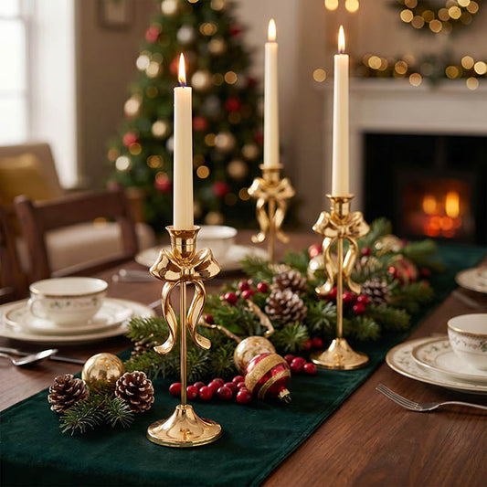 Single Taper Candle Holder w Bow Gold (6.8x19cmH)