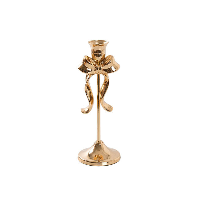 Single Taper Candle Holder w Bow Gold (6.8x19cmH)