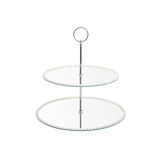 Elegant Cake Stand 2 Tier Mirror Pearl Edge Silver (32cmH)