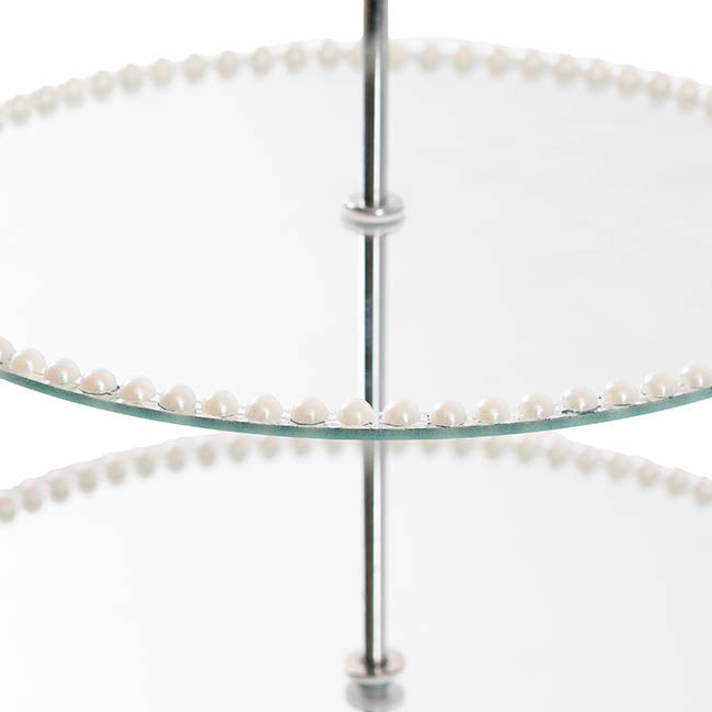 Elegant Cake Stand 2 Tier Mirror Pearl Edge Silver (32cmH)