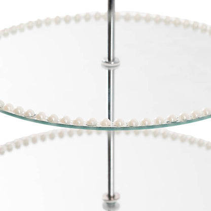 Elegant Cake Stand 2 Tier Mirror Pearl Edge Silver (32cmH)