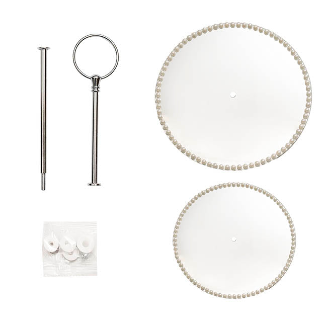 Elegant Cake Stand 2 Tier Mirror Pearl Edge Silver (32cmH)