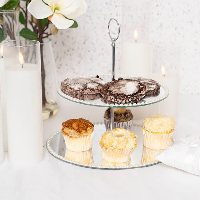 Elegant Cake Stand 2 Tier Mirror Pearl Edge Silver (32cmH)
