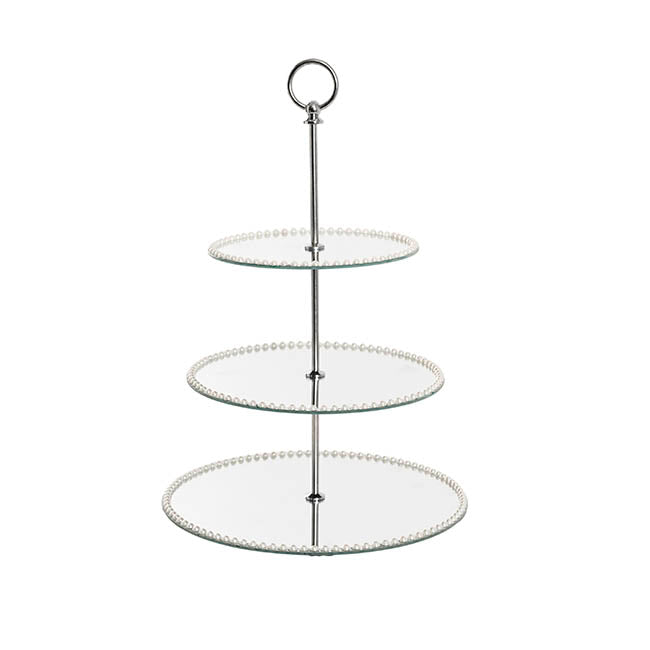 Elegant Cake Stand 3 Tier Mirror Pearl Edge Silver (46cmH)