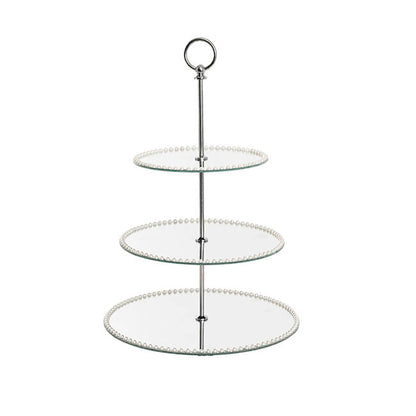 Elegant Cake Stand 3 Tier Mirror Pearl Edge Silver (46cmH)
