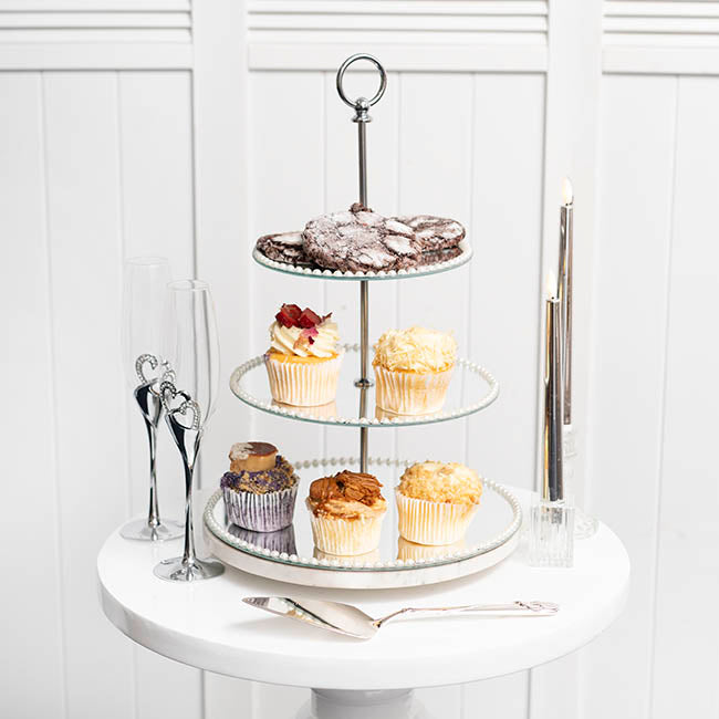 Elegant Cake Stand 3 Tier Mirror Pearl Edge Silver (46cmH)