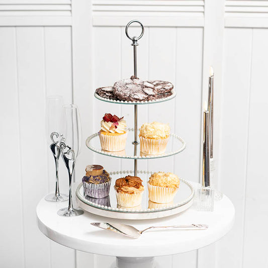 Elegant Cake Stand 3 Tier Mirror Pearl Edge Silver (46cmH)