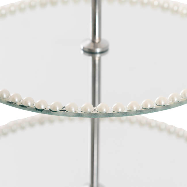 Elegant Cake Stand 3 Tier Mirror Pearl Edge Silver (46cmH)