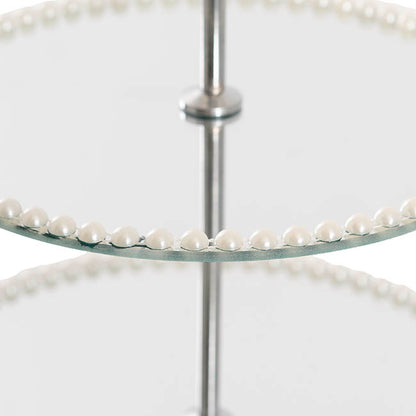 Elegant Cake Stand 3 Tier Mirror Pearl Edge Silver (46cmH)