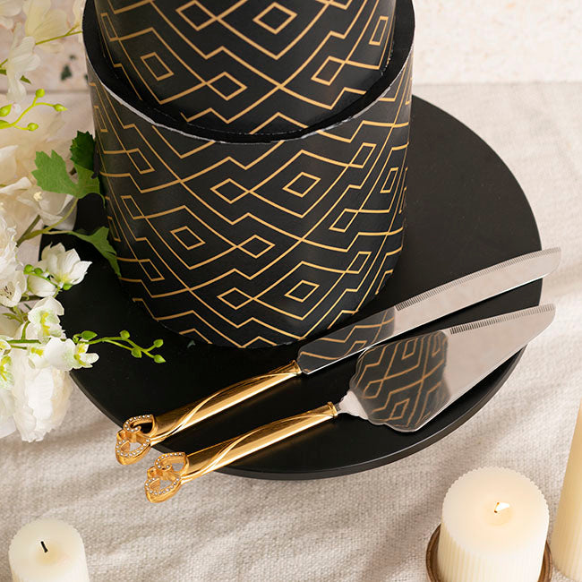 Diamante Heart Cake Knife Set Gold (23Wx340mmL & 70Wx290mmL)