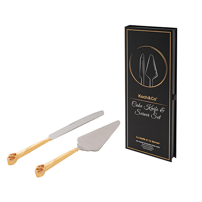Diamante Heart Cake Knife Set Gold (23Wx340mmL & 70Wx290mmL)