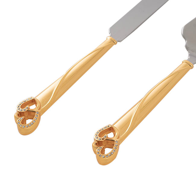 Diamante Heart Cake Knife Set Gold (23Wx340mmL & 70Wx290mmL)