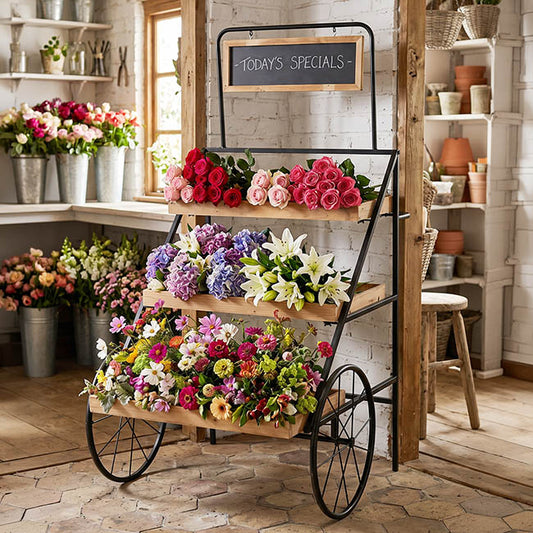 Flower Display Cart w Wooden Trays Black (82x89x144cmH)