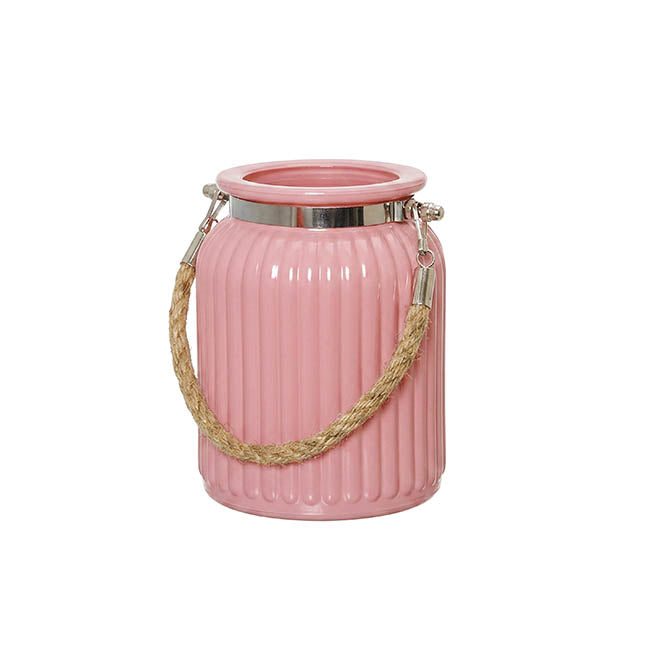 Hurricane Glass Jar with Jute Rope Tint Pink (11Dx15cmH)