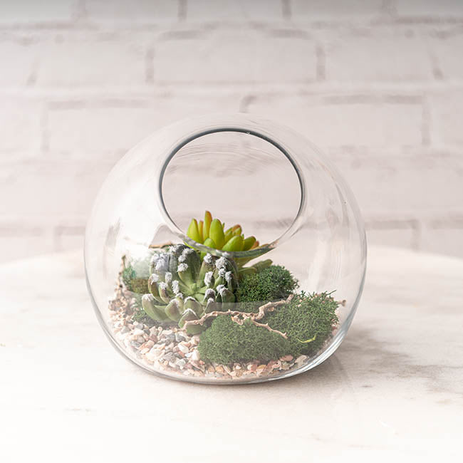 Glass Fish Bowl Vase Cut Out Top Clear (20Dx17.5cmH)