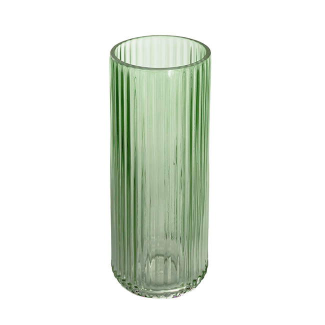 Glass Ribbed Cylinder Tall Vase Olive Green (12x30cmH)