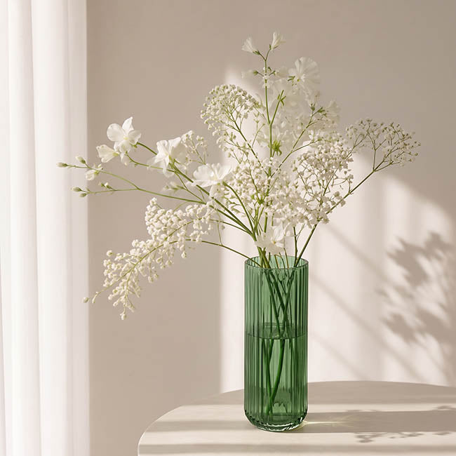Glass Ribbed Cylinder Tall Vase Olive Green (12x30cmH)
